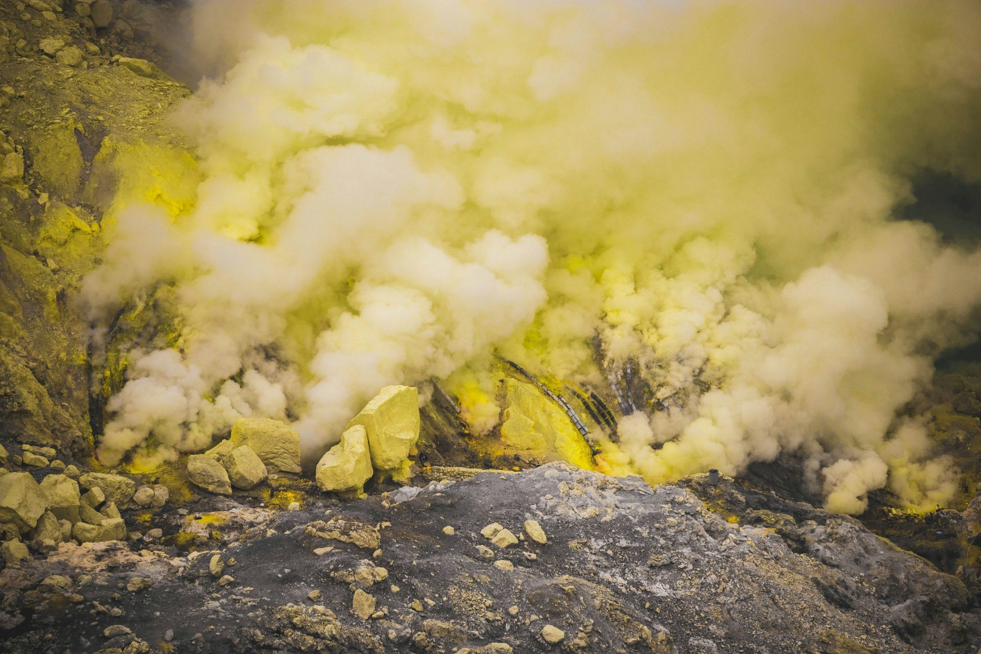 Sulphur deposits at a volcanic vent